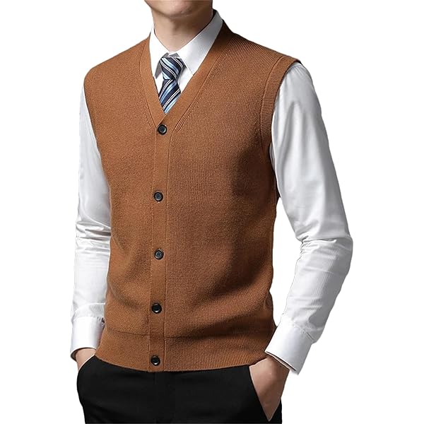 Men's V-Neck Wool Knit Sleeveless Cardigan Sweater Vest Dark Brown